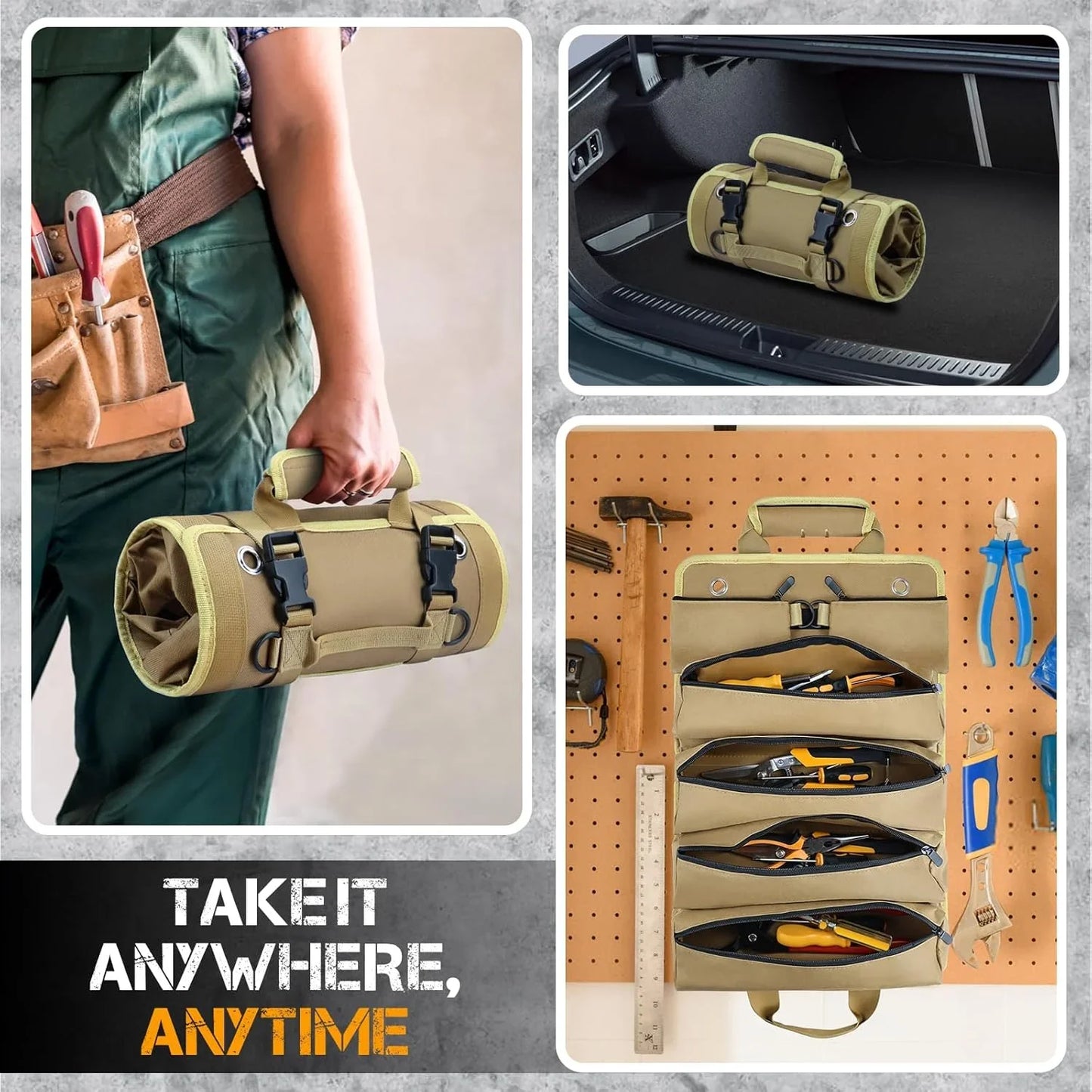Portable tool roll organizer for mechanics, featuring multiple compartments and durable straps, ideal for on-the-go use.
