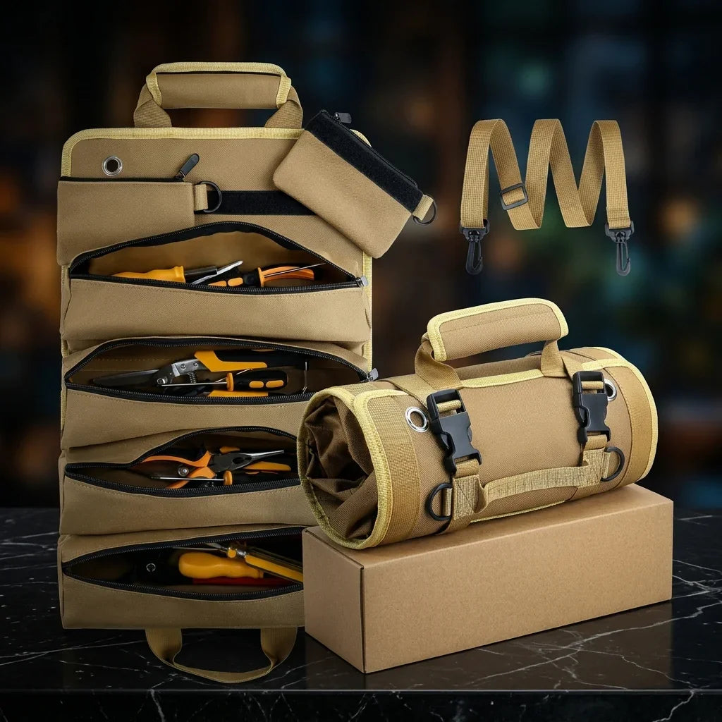 heavy duty roll up tool bag with multiple pockets for tools and adjustable straps on a display surface