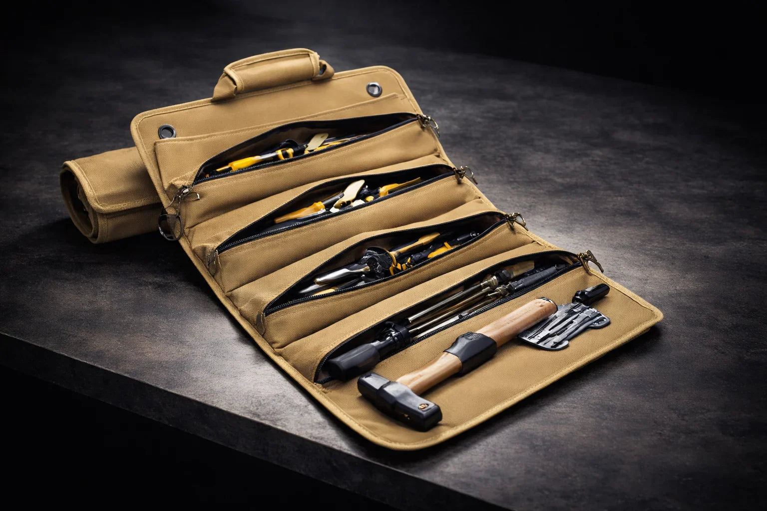 heavy duty roll up tool bag open with various tools organized inside, showcasing durable design and functionality.